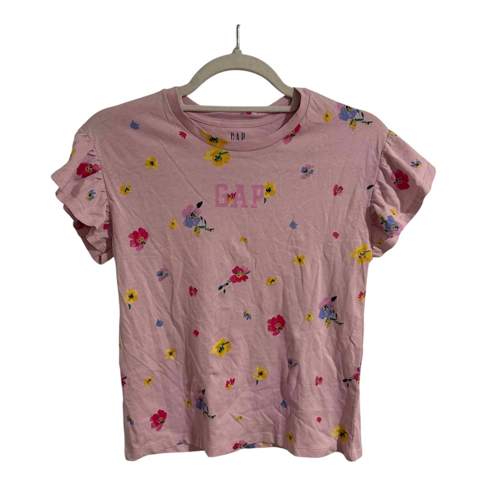 Gap Kids Girls Pink Floral Ruffle Flutter Sleeve Cotton T-Shirt Size L 10/12